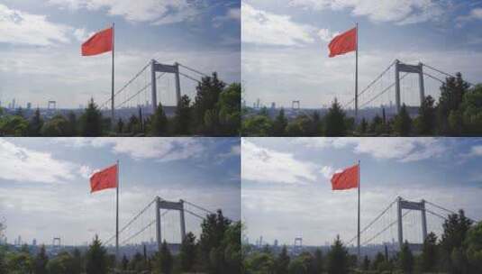 鲁斯海峡大桥旁飘扬的旗帜高清在线视频素材下载