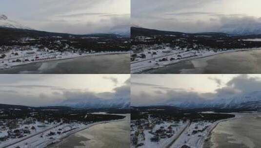 飞越挪威林根阿尔卑斯山的一个小村庄和林根峡湾，北极高清在线视频素材下载