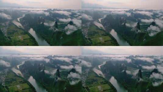 航拍桂林烟雨漓江自然风光高清在线视频素材下载