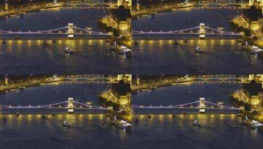 布达佩斯灯火通明的塞切尼链桥夜景，旅游景点高清在线视频素材下载