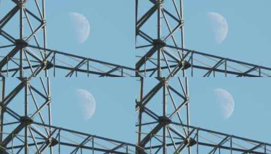 国家电网高压电塔白天月亮月球高清在线视频素材下载