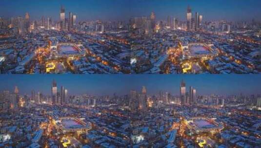 航拍天津五大道民园广场雪后夜景高清在线视频素材下载