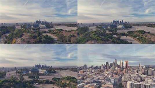 航拍洛杉矶市中心摩天大楼天际线蓝天白云高清在线视频素材下载