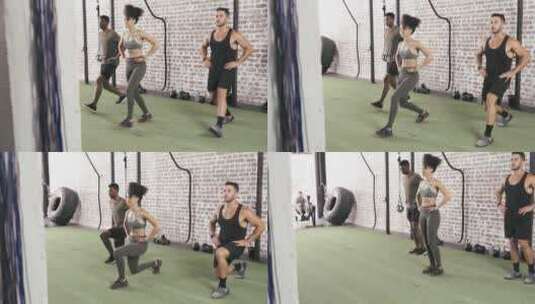 锻炼，能量和人们在健身房一起弓步，一起锻高清在线视频素材下载