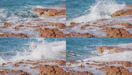 海水拍打岸边礁石升格拍摄高清在线视频素材下载