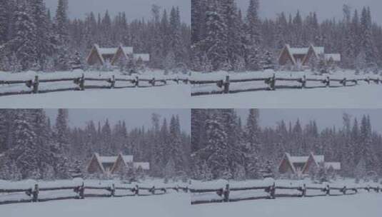 新疆喀纳斯大雪中的尖顶木屋高清在线视频素材下载