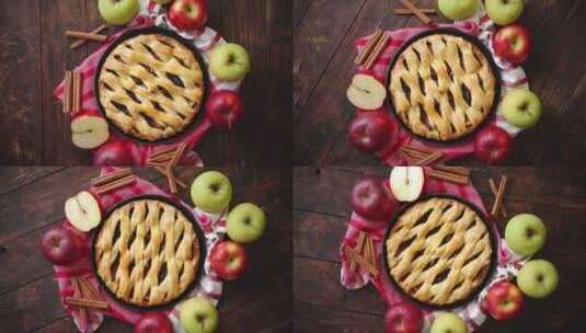 深色木制厨房桌子上的自制糕点苹果派和面包高清在线视频素材下载