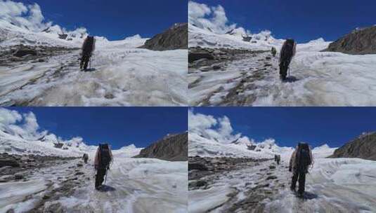 攀登四川第二高峰中山峰的登山队徒步冰塔林高清在线视频素材下载