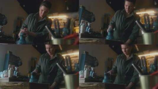 中年女工匠用砂光机抛光木制框架高清在线视频素材下载