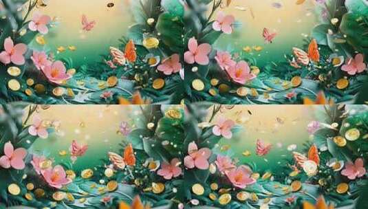 花卉蝴蝶金币3D场景高清在线视频素材下载