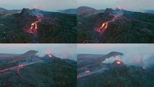 鸟瞰冰岛巨大火山爆发后流动的热熔岩。许多高清在线视频素材下载