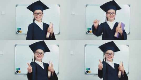 穿学士服的女孩对着镜头竖起大拇指高清在线视频素材下载