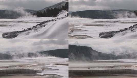 摄像机捕捉到温泉梯田升起的蒸汽高清在线视频素材下载