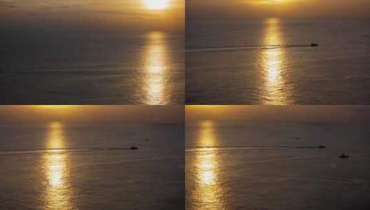 海上日落视频金色夕阳海面上行驶的轮船高清在线视频素材下载