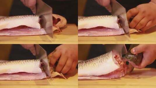 开膛清洗鱼肉切块高清在线视频素材下载