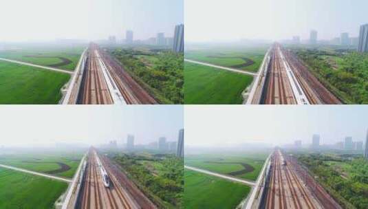 航拍杭州萧山开发区高速电气化铁路高架高清在线视频素材下载