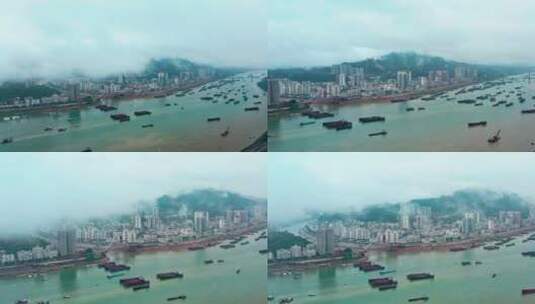 4k航拍广西梧州西江万秀区港口码头鸳江大桥高清在线视频素材下载