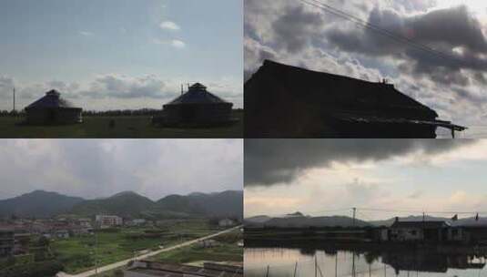 自然风光 乡村水塘 风车蒙古包 夕阳落日高清在线视频素材下载