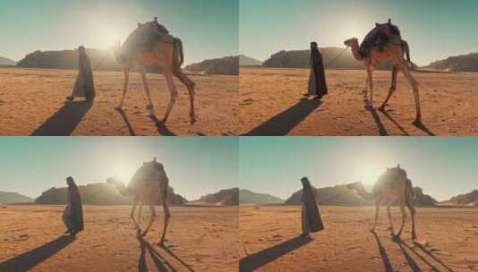牵着骆驼在沙漠中行走高清在线视频素材下载