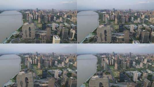 杭州滨江钱塘江边现代城市建筑航拍高清在线视频素材下载