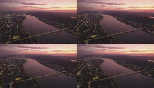 杭州钱塘江两岸现代城市风光夕阳下航拍高清在线视频素材下载