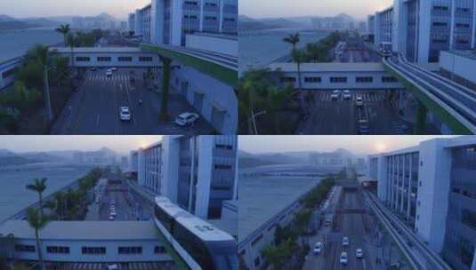 航拍比亚迪深圳厂区清晨 轻轨开来 日出高清在线视频素材下载