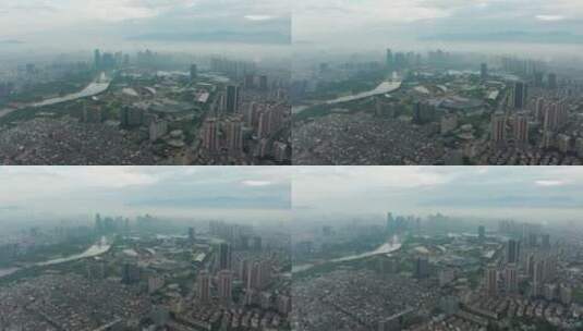 航拍 浙江义乌城市地标平流雾风光高清在线视频素材下载