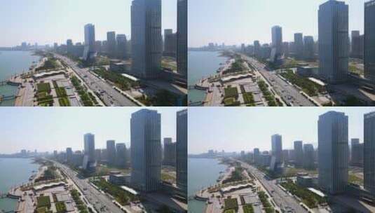 4K 航拍青岛西海岸新区现代建筑街景高清在线视频素材下载