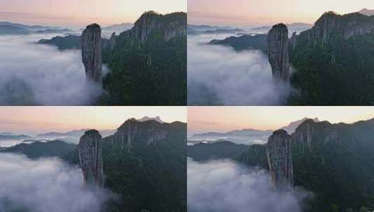 丽水缙云仙都风景区鼎湖峰日出云海航拍高清在线视频素材下载