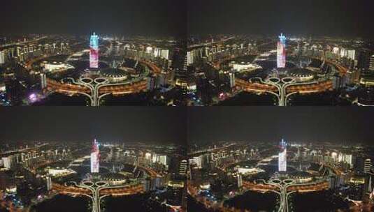 河南郑州会展中心夜景灯光航拍高清在线视频素材下载
