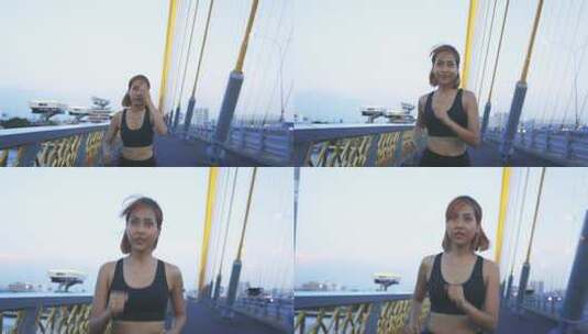 在桥上奔跑的女人高清在线视频素材下载