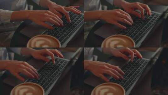 女人拿着一杯咖啡在笔记本电脑上打字高清在线视频素材下载