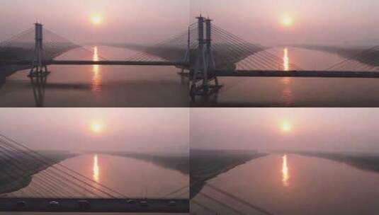 山东济南黄河大桥日出航拍高清在线视频素材下载