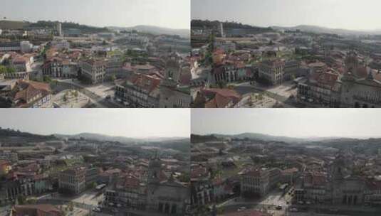 空中平移向右揭示美丽的吉马拉市市中心历史建筑-葡萄牙高清在线视频素材下载