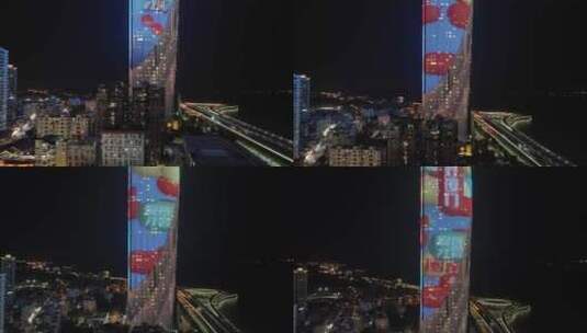 厦门双子塔夜景航拍世茂海峡大厦城市风光高清在线视频素材下载
