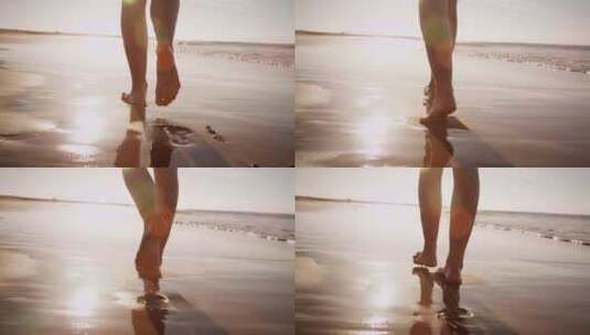 赤脚在沙滩上散步的特写高清在线视频素材下载