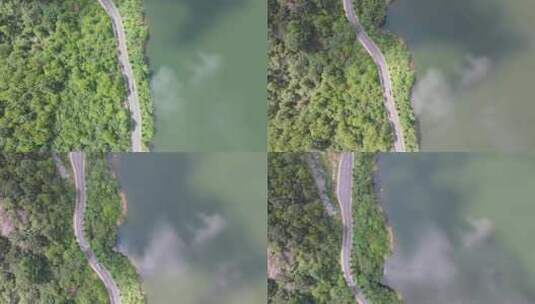 武汉黄陂木兰山脚水库边的道路和汽车航拍高清在线视频素材下载