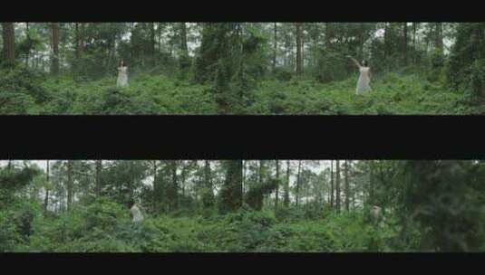 唯美白衣女孩在森林树林中跳舞起舞高清在线视频素材下载