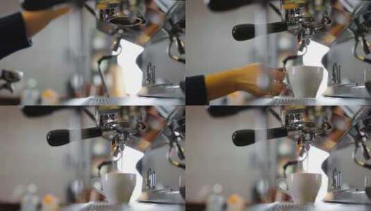 特写在咖啡机处接热气腾腾的咖啡高清在线视频素材下载