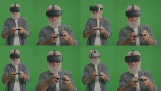 2合1分割绿屏蒙太奇一个戴VR眼镜的老人高清在线视频素材下载
