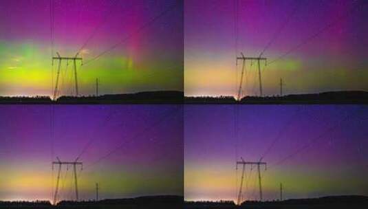 暮色中五颜六色的北极光在电线上跳舞，星空高清在线视频素材下载