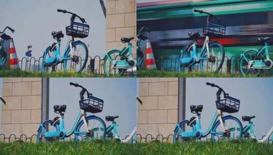 一辆停在马路边的蓝色共享单车高清在线视频素材下载