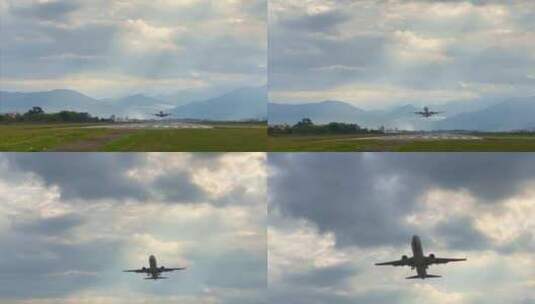 飞机从机场跑道起飞飞过头顶_4K高清在线视频素材下载