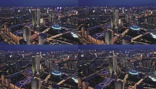 2024杭州奥体博览城夜景航拍高清在线视频素材下载