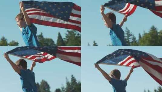 男孩一边跑一边把美国国旗举过头顶高清在线视频素材下载