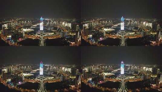 河南郑州会展中心夜景灯光航拍高清在线视频素材下载
