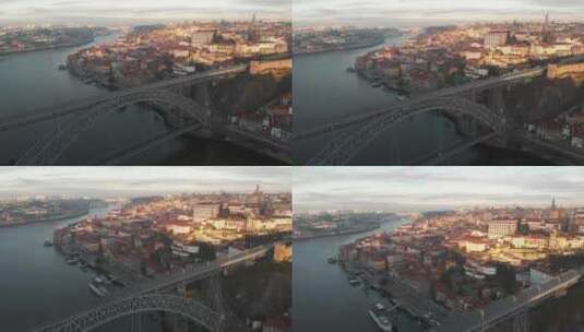 波尔图市（葡萄牙）横跨河流（杜罗）和Dom Luis I桥的鸟瞰图高清在线视频素材下载