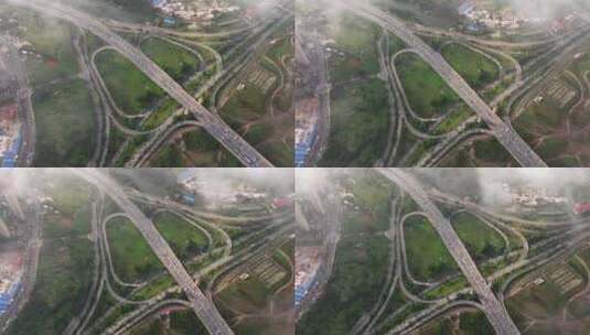 云雾下的城市立交桥交通枢纽高清在线视频素材下载