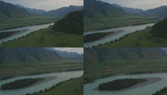 日落时阿尔泰河谷的卡通河和山脉高清在线视频素材下载