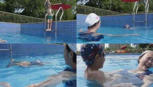 小男孩和妈妈在游泳池玩耍快乐夏天高清在线视频素材下载